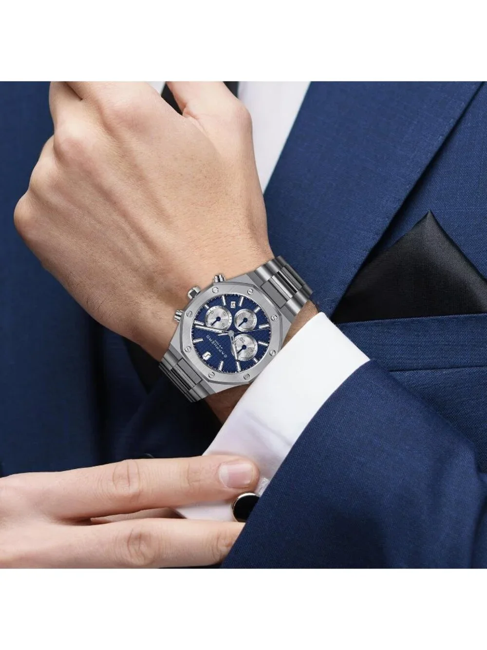 Men's Silver Blue Chronograph Quartz Movement Stainless Steel Luxury Date Watch